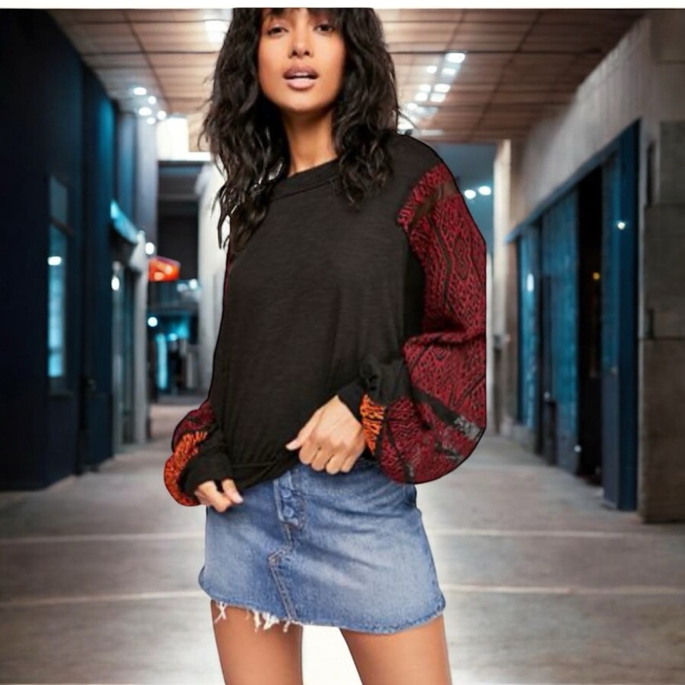 Free People Black and Red Patterned Sleeve Top